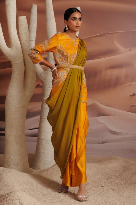 Shop_Adi By Aditya Khandelwl_Yellow Jacket Opada Silk Embroidered Dori Draped Skirt Set With Waist Belt _Online_at_Aza_Fashions