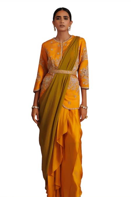 Adi By Aditya Khandelwl_Yellow Jacket Opada Silk Embroidered Dori Draped Skirt Set With Waist Belt _at_Aza_Fashions