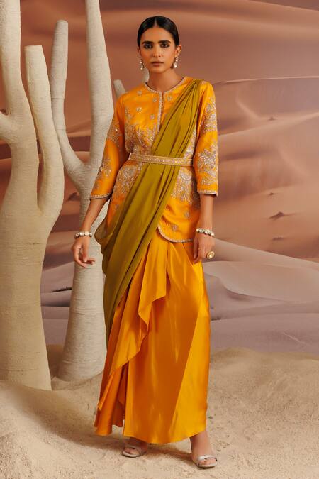 Buy_Adi By Aditya Khandelwl_Yellow Jacket Opada Silk Embroidered Dori Draped Skirt Set With Waist Belt 