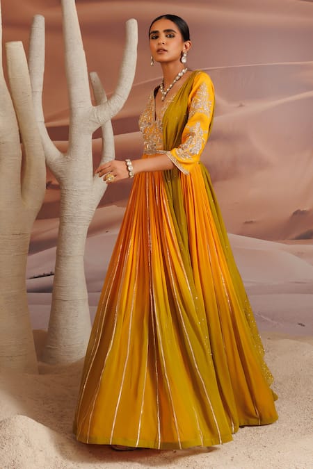 Adi By Aditya Khandelwl_Yellow Georgette, Organza Sequins, Embroidered Anarkali Set With Waist Belt _Online_at_Aza_Fashions