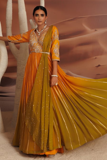 Buy_Adi By Aditya Khandelwl_Yellow Georgette, Organza Sequins, Embroidered Anarkali Set With Waist Belt _Online_at_Aza_Fashions
