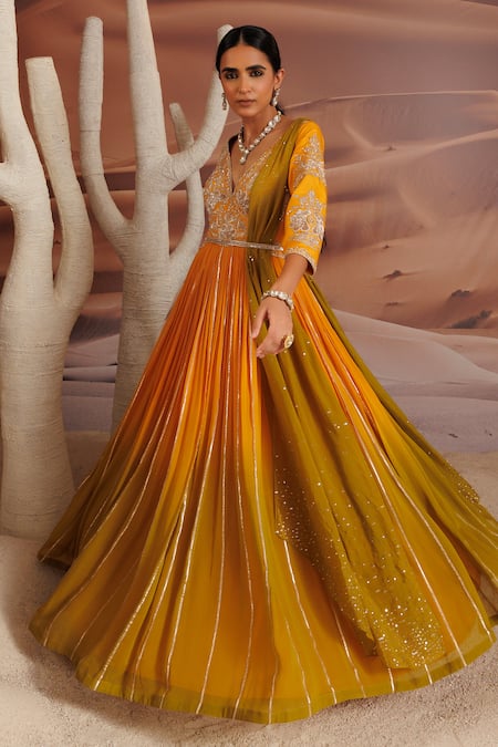 Shop_Adi By Aditya Khandelwl_Yellow Georgette, Organza Sequins, Embroidered Anarkali Set With Waist Belt _Online_at_Aza_Fashions
