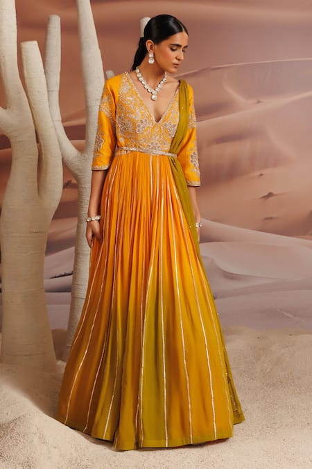 Adi By Aditya Khandelwl_Yellow Georgette, Organza Sequins, Embroidered Anarkali Set With Waist Belt _at_Aza_Fashions