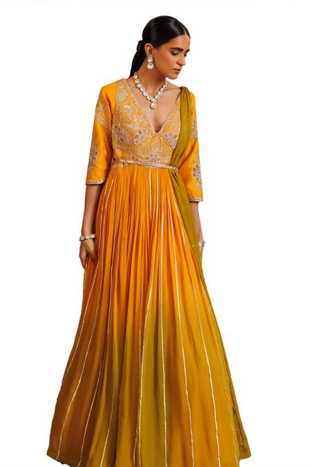 Buy_Adi By Aditya Khandelwl_Yellow Georgette, Organza Sequins, Embroidered Anarkali Set With Waist Belt 