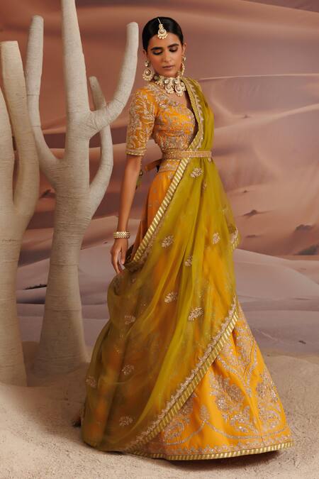 Adi By Aditya Khandelwl_Yellow Silk, Georgette, Organza Sequins, Embroidered Lehenga Set With Waist Belt _Online_at_Aza_Fashions