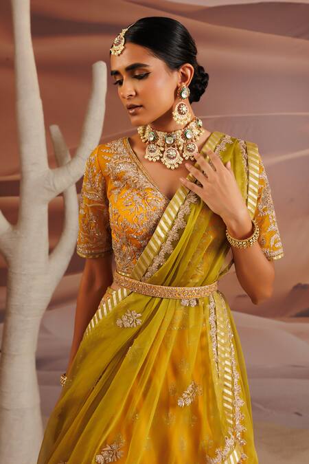 Buy_Adi By Aditya Khandelwl_Yellow Silk, Georgette, Organza Sequins, Embroidered Lehenga Set With Waist Belt _Online_at_Aza_Fashions