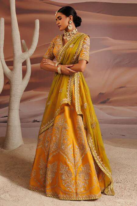 Shop_Adi By Aditya Khandelwl_Yellow Silk, Georgette, Organza Sequins, Embroidered Lehenga Set With Waist Belt _Online_at_Aza_Fashions