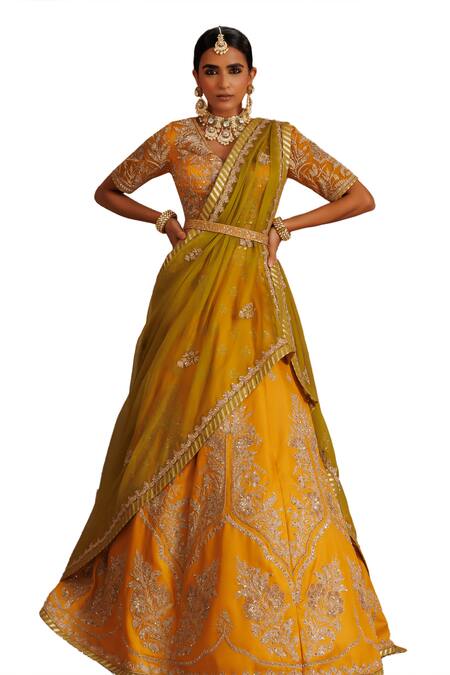 Adi By Aditya Khandelwl_Yellow Silk, Georgette, Organza Sequins, Embroidered Lehenga Set With Waist Belt _at_Aza_Fashions