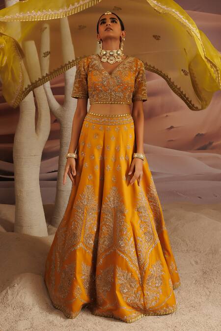 Buy_Adi By Aditya Khandelwl_Yellow Silk, Georgette, Organza Sequins, Embroidered Lehenga Set With Waist Belt 