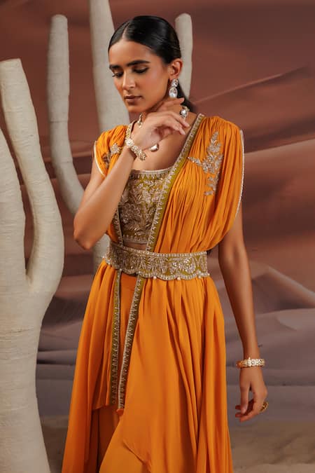 Adi By Aditya Khandelwl_Yellow Silk, Georgette Sequins, Beads Embroidered Gharara Blouse Set With Cape _Online_at_Aza_Fashions