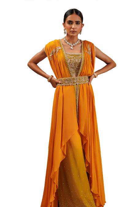 Buy_Adi By Aditya Khandelwl_Yellow Silk, Georgette Sequins, Beads Embroidered Gharara Blouse Set With Cape _Online_at_Aza_Fashions