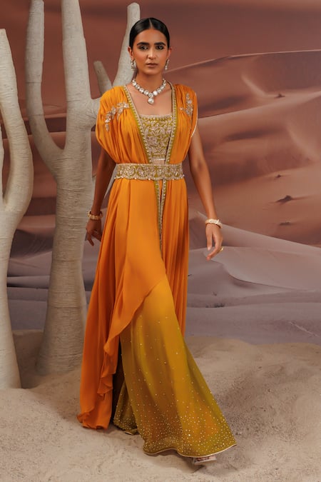 Shop_Adi By Aditya Khandelwl_Yellow Silk, Georgette Sequins, Beads Embroidered Gharara Blouse Set With Cape _Online_at_Aza_Fashions