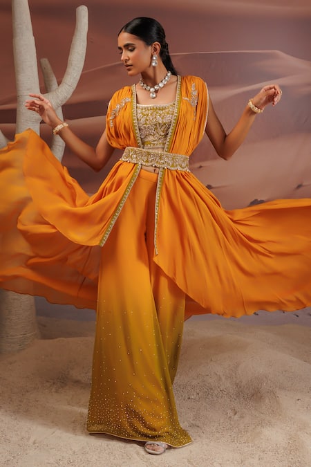 Adi By Aditya Khandelwl_Yellow Silk, Georgette Sequins, Beads Embroidered Gharara Blouse Set With Cape _at_Aza_Fashions