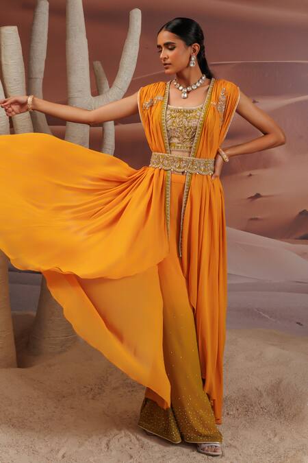 Shop_Adi By Aditya Khandelwl_Yellow Silk, Georgette Sequins, Beads Embroidered Gharara Blouse Set With Cape 