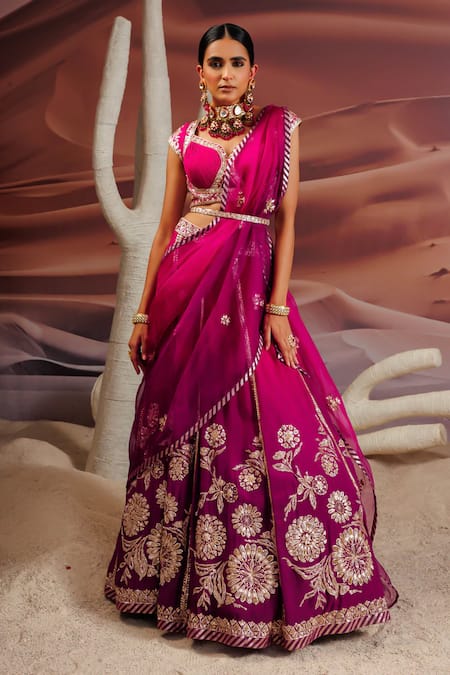 Adi By Aditya Khandelwl Purple Blouse Opada Silk Embroidery Gota Sweetheart Floral Lehenga Set 