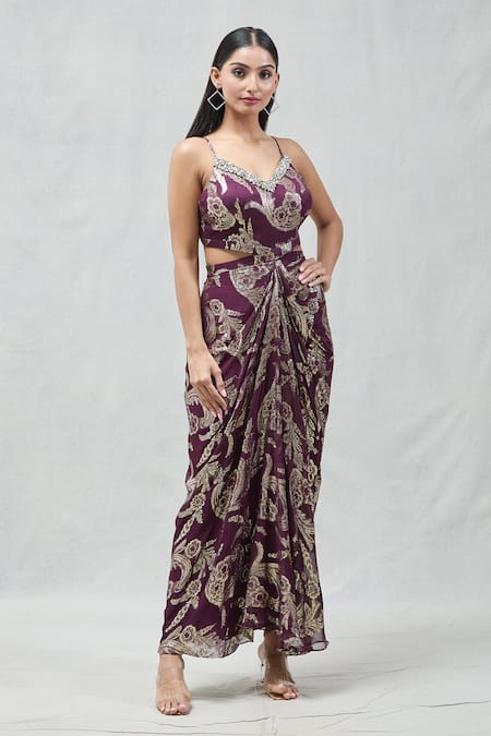 Naintara Bajaj_Wine Lurex, Georgette Crystals V-neck Embellished Draped Dress _Online_at_Aza_Fashions