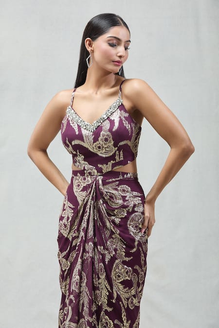 Buy_Naintara Bajaj_Wine Lurex, Georgette Crystals V-neck Embellished Draped Dress _Online_at_Aza_Fashions