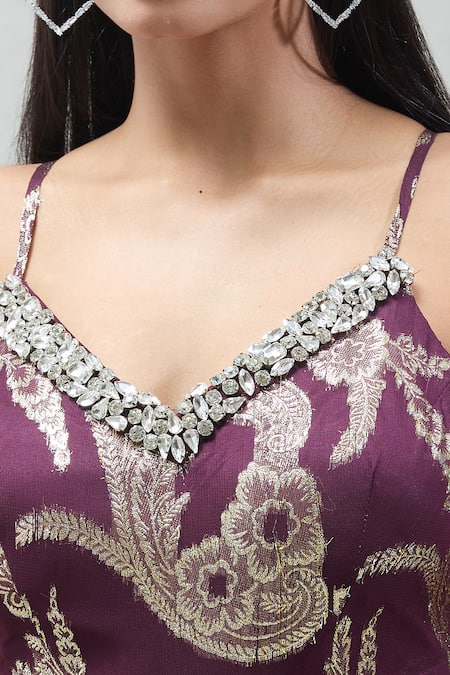 Shop_Naintara Bajaj_Wine Lurex, Georgette Crystals V-neck Embellished Draped Dress _Online_at_Aza_Fashions
