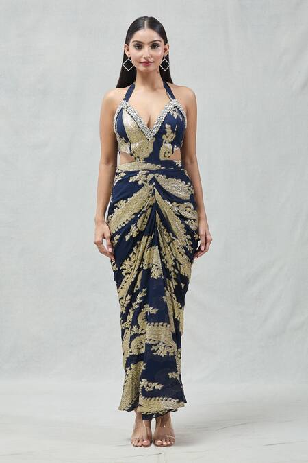 Buy_Naintara Bajaj_Blue Lurex, Georgette Crystals Plunge Neck Draped Embellised Neckline Dress _Online_at_Aza_Fashions