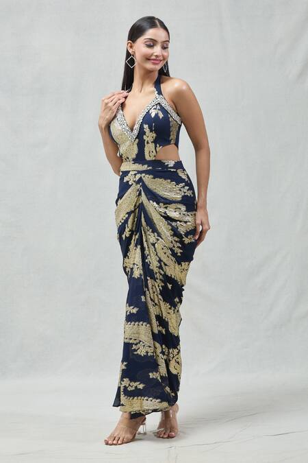 Shop_Naintara Bajaj_Blue Lurex, Georgette Crystals Plunge Neck Draped Embellised Neckline Dress _Online_at_Aza_Fashions