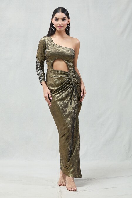 Naintara Bajaj Gold Foil Sandwash Embellished Crystal One-shoulder Sleeve Dress
