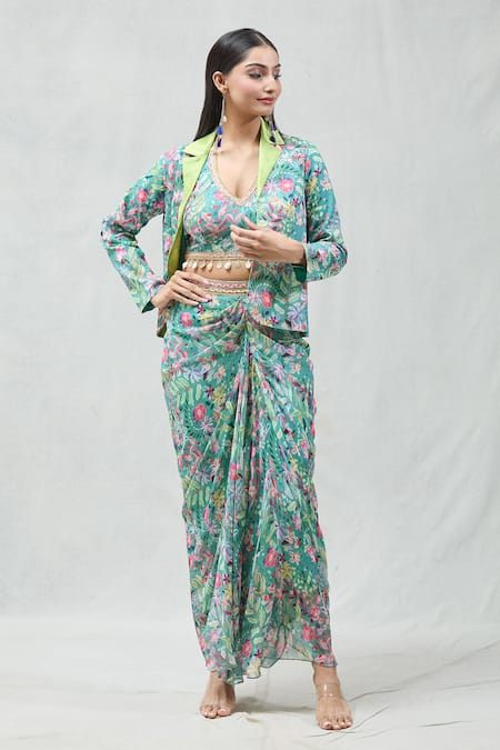 Naintara Bajaj Floral Print Jacket & Draped Skirt Set 