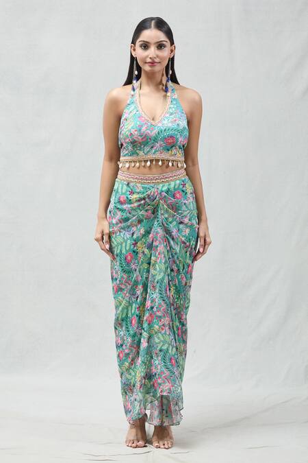 Samyukta Singhania_Multi Color Georgette Beads, Embroidery Floral Print Jacket And Draped Skirt Set_Online_at_Aza_Fashions