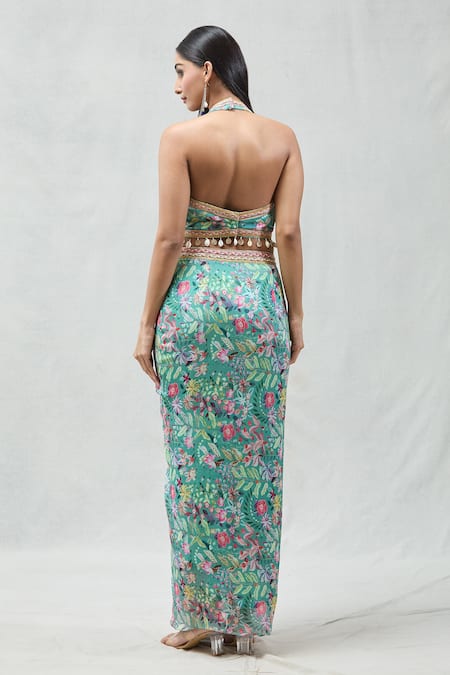 Shop_Samyukta Singhania_Multi Color Georgette Beads, Embroidery Floral Print Jacket And Draped Skirt Set_Online_at_Aza_Fashions