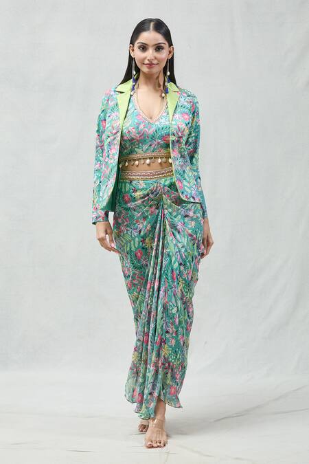 Samyukta Singhania_Multi Color Georgette Beads, Embroidery Floral Print Jacket And Draped Skirt Set_at_Aza_Fashions