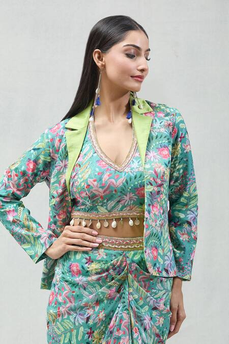 Buy_Samyukta Singhania_Multi Color Georgette Beads, Embroidery Floral Print Jacket And Draped Skirt Set
