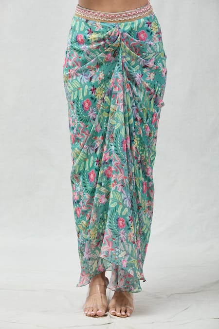 Shop_Samyukta Singhania_Multi Color Georgette Beads, Embroidery Floral Print Jacket And Draped Skirt Set