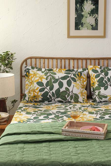 Shop House This Green 100% Cotton Printed Moringa Double Bedsheet Set at Aza Fashions Shop_House This_Green 100% Cotton Printed Moringa Double Bedsheet Set_at_Aza_Fashions