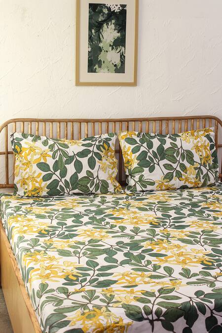 Shop_House This_Green 100% Cotton Printed Moringa King Bedsheet Set_at_Aza_Fashions