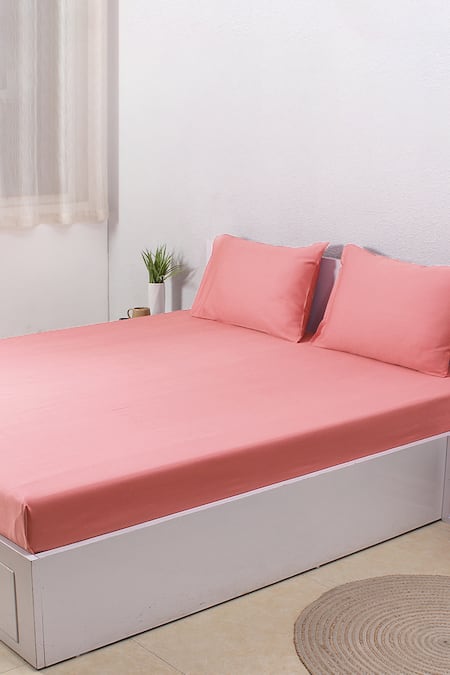 Shop_House This_Pink 100% Cotton Solid Shell King Bedsheet Set_at_Aza_Fashions