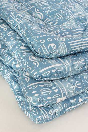 Shop_House This_Blue 100% Cotton, Polyfill Printed Gamathi Ethnic Motifs Double Comforter_Online_at_Aza_Fashions