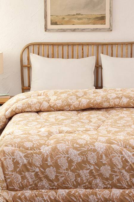 Shop House This Beige 100% Cotton, Polyfill Printed Genda Phool Double Comforter at Aza Fashions Shop_House This_Beige 100% Cotton, Polyfill Printed Genda Phool Double Comforter_at_Aza_Fashions