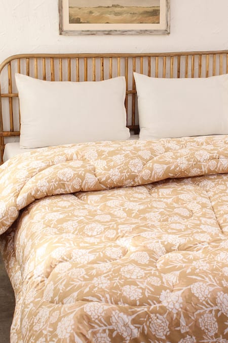 House This_Beige 100% Cotton, Polyfill Printed Genda Phool Single Comforter_Online_at_Aza_Fashions