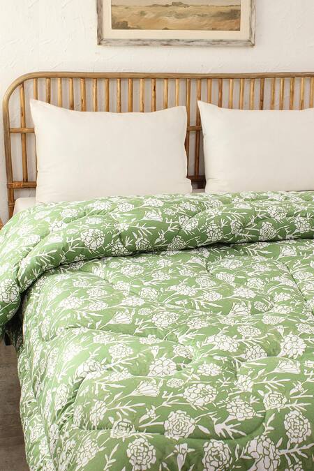House This_Green 100% Cotton, Polyfill Printed Genda Phool Motifs Single Comforter_Online_at_Aza_Fashions