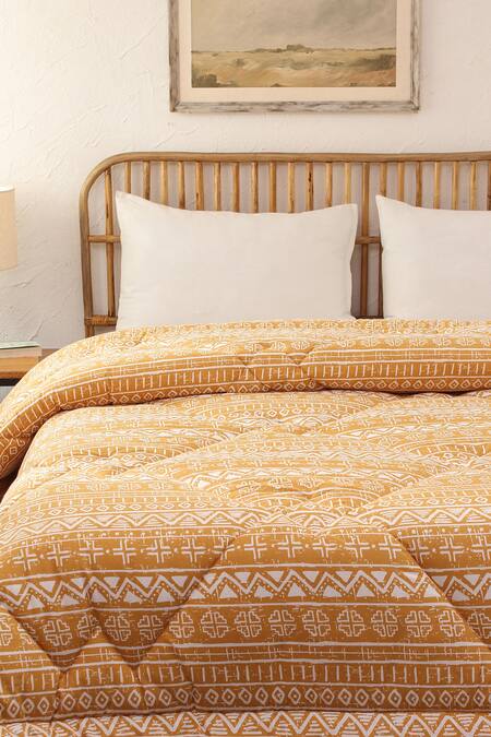 Shop_House This_Yellow 100% Cotton, Polyfill Printed Kullu Patti Ethnic Motifs Double Comforter_at_Aza_Fashions
