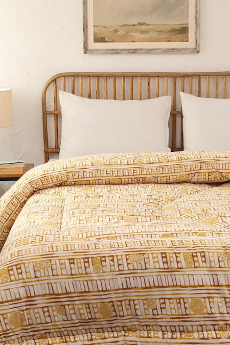 Shop_House This_Yellow 100% Cotton, Polyfill Printed Sanchi Ethnic Motif Single Comforter_at_Aza_Fashions