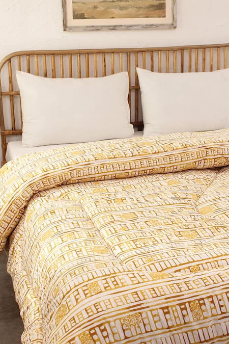 House This_Yellow 100% Cotton, Polyfill Printed Sanchi Ethnic Motif Single Comforter_Online_at_Aza_Fashions