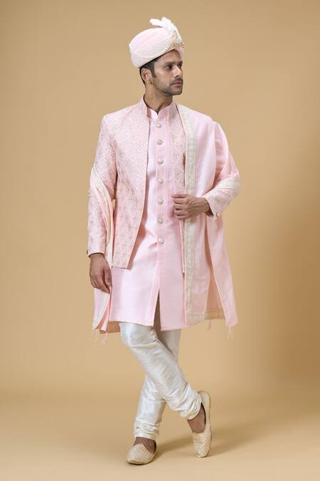 Arihant Rai Sinha_Pink Sequins Embroidered Border Dupatta And Safa Set_Online_at_Aza_Fashions