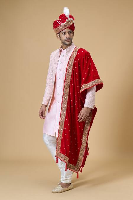 Arihant Rai Sinha_Red Tassels, Sequins, Embroidery Dupatta And Safa Set_Online_at_Aza_Fashions