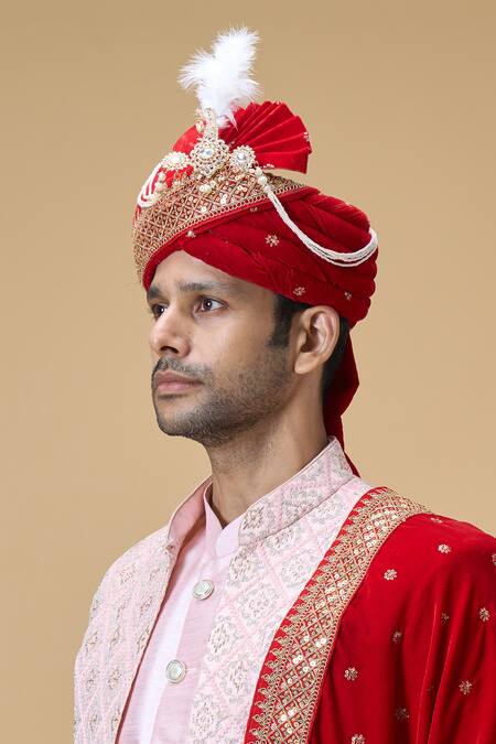 Buy_Arihant Rai Sinha_Red Tassels, Sequins, Embroidery Dupatta And Safa Set_Online_at_Aza_Fashions