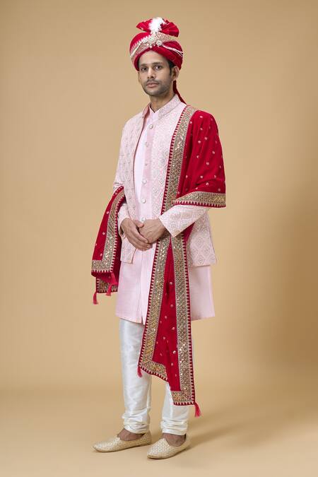 Arihant Rai Sinha_Pink Sequins, Embroidery Velvet Dupatta And Safa Set_Online_at_Aza_Fashions