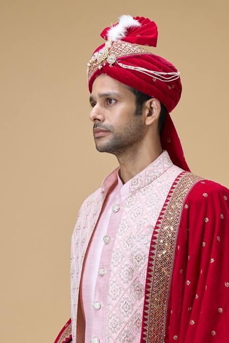 Buy_Arihant Rai Sinha_Pink Sequins, Embroidery Velvet Dupatta And Safa Set_Online_at_Aza_Fashions