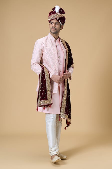 Arihant Rai Sinha_Maroon Sequins Velvet Embroidered Dupatta And Safa Set_Online_at_Aza_Fashions