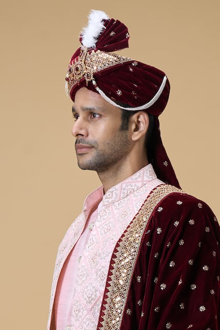 Buy_Arihant Rai Sinha_Maroon Sequins Velvet Embroidered Dupatta And Safa Set_Online_at_Aza_Fashions