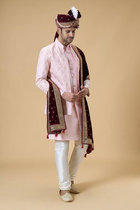 Shop_Arihant Rai Sinha_Maroon Sequins Velvet Embroidered Dupatta And Safa Set_Online_at_Aza_Fashions