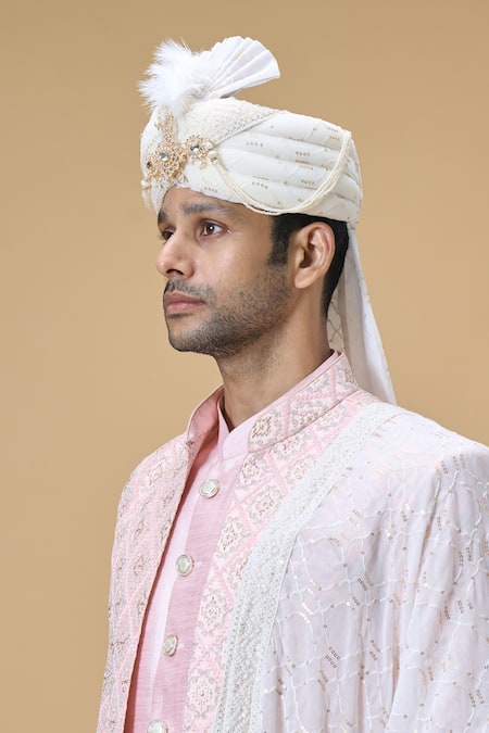 Shop Arihant Rai Sinha Off White Sequins, Embroidery Geometric Pattern Dupatta And Safa Set Online at Aza Fashions Shop_Arihant Rai Sinha_Off White Sequins, Embroidery Geometric Pattern Dupatta And Safa Set_Online_at_Aza_Fashions